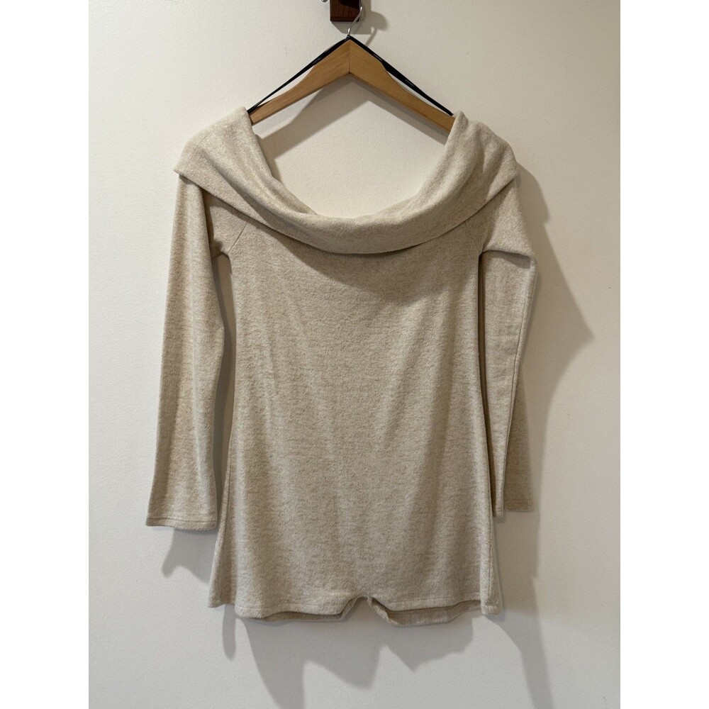 NWT Forever 21 Off-Shoulder Knit Cream Romper Bodysuit Long Sleeve Sleepwear